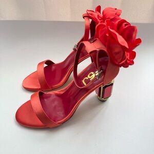 FSJ Womens Size 9.5 Red Orange Flower Décor Sandle Ankle Strap High Heel